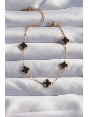 Yıldız Ticaret Mey Ithalat® 316L Çelik Baby Boy Gold Renk Siyah Mineli Yonca Bileklik