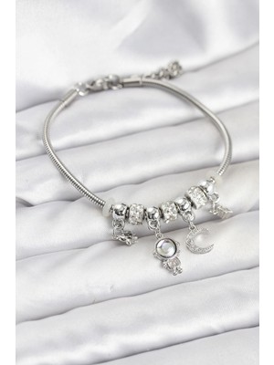 Yıldız Ticaret Mey Ithalat® Pirinç Gümüş Renk Uzay Tema Charmlı Kadın Bileklik