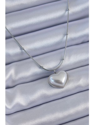 Yıldız Ticaret Mey Ithalat® 316L Çelik Gümüş Renk Incili Kalp Model Minimal Top Detay Kadın Kolye