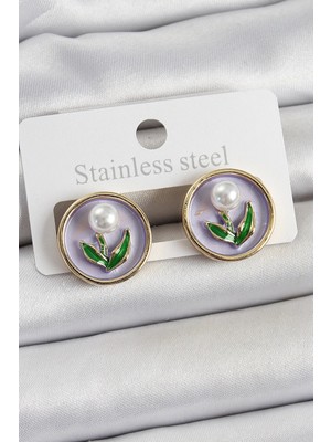 Yıldız Ticaret Mey Ithalat® Pirinç Mor Mineli Lale Figürlü Sanatsal Portre Model Gold Renk Kadın Küpe