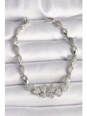 Yıldız Ticaret Mey Ithalat® Pirinç Gümüş Renk Zirkon Taşlı Kelebek Figür Damla Zincir Model Kadın Bileklik