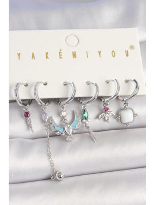 Yıldız Ticaret Mey Ithalat® Pirinç Gümüş Renk Zirkon Taşlı Kuş Figür Çiçek Detay 6'lı Kadın Kombin Küpe