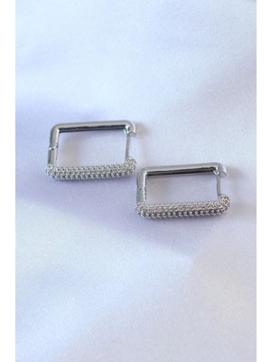 Yıldız Ticaret Mey Ithalat® Gümüş Renk Kare Model Zirkon Taşlı Pirinç Kadın Küpe