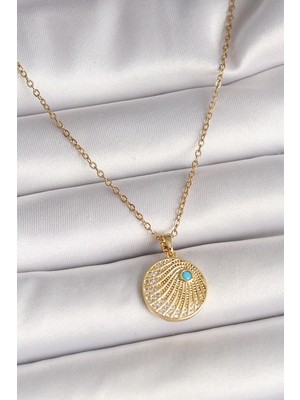Yıldız Ticaret Mey Ithalat® 316L Çelik Gold Renk Zincir Zirkon Taş Işlemeli Mavi Taş Detaylı Madalyon Model Kadın Kolye