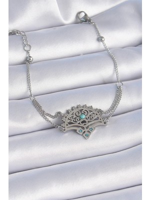 Yıldız Ticaret Mey Ithalat® 316L Çelik Gümüş Renk Mavi Taşlı Etnik Desen Kadın Bileklik