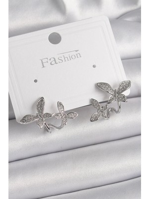 Yıldız Ticaret Mey Ithalat® Pirinç Gümüş Renk Zirkon Taşlı Kelebek Model Kadın Küpe