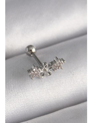 Yıldız Ticaret Mey Ithalat® 316L Çelik Gümüş Renk Zirkon Taşlı Çiçek Tragus Piercing