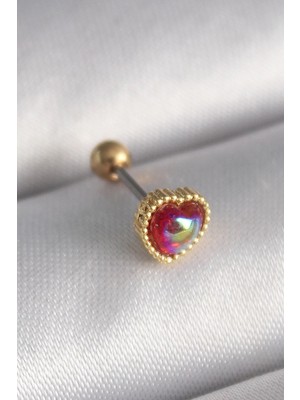 Yıldız Ticaret Mey Ithalat® 316L Çelik Gold Renk Kırmızı Mineli Kalp Tragus Piercing