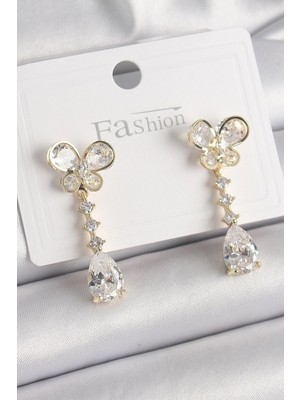 Yıldız Ticaret Mey Ithalat® Pirinç Gold Renk Zirkon Taşlı Kelebek Model Sallantı Damla Zirkon Taş Kadın Küpe