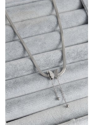 Yıldız Ticaret Mey Ithalat® 316L Çelik Gümüş Renk Italyan Zincir Model Simli Kelebek Figür Kadın Kolye