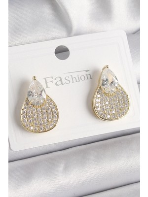 Yıldız Ticaret Mey Ithalat® Pirinç Gold Renk Zirkon Taşlı Damla Model Kadın Küpe