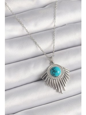 Yıldız Ticaret Mey Ithalat® 316L Çelik Gümüş Renk Zincir Mavi Boncuklu Zirkon Taşlı Kadın Kolye