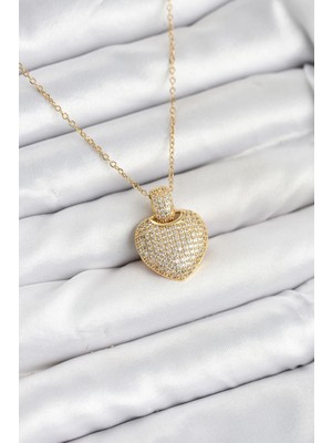 Yıldız Ticaret Mey Ithalat® 316L Çelik Zincir Gold Renk Zirkon Taşlı Kalpli Kadın Kolye
