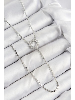 Yıldız Ticaret Mey Ithalat® Pirinç Zirkon Taşlı Ezme Zincirli Kalp Model Gümüş Renk Y Kolye