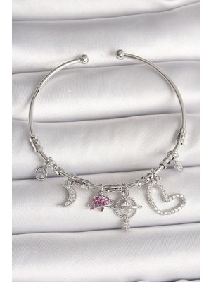 Yıldız Ticaret Mey Ithalat® Pirinç Gümüş Renk Sallantı Zirkon Taşlı Gezegen Figür Kalp Detay Charm Kadın Bileklik