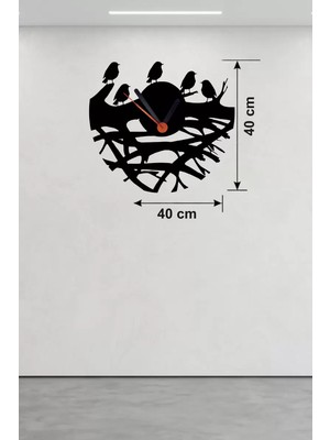 Dallarda Kuşlar Tasarım Ahşap Duvar Saati - 40X40 cm Dekoratif Saat