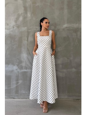 Arzu Has Butik Yeni Sezon Kare Yaka Puantiyeli Uzun Elbise