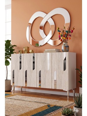 Yumedi Design KA1231BTS - Ilhaniye Konsol, Tv Sehpası, Çok Amaçlı Dolap ve Kahve Köşesi 120CM Beyaz-Traverten-Silver