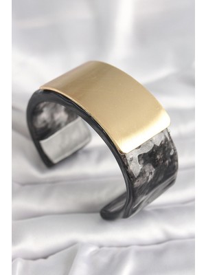 Belle Fusion Mey Ithalat® Siyah Mermer Desen Akrilik Plastik Gol Dikdörtgen Plaka Model Vingtage Kadın Bilezi