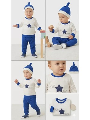 Bemy Store 3-6 6-9 9-12 Ay Full Star Nakışlı Şapkalı Uzun Kollu Sweat 3lü Erkek Bebek Takımı