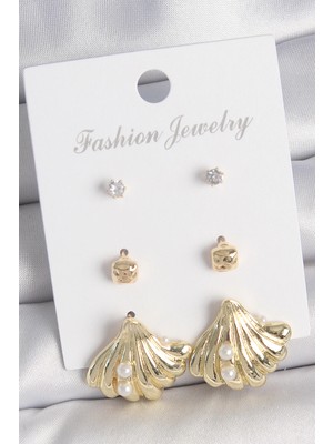 Belle Fusion Mey Ithalat® Pirinç Gold Renk Zirkon Taşlı Inci Detaylı Deniz Kabuğu Model 3 Çift Kadın K�