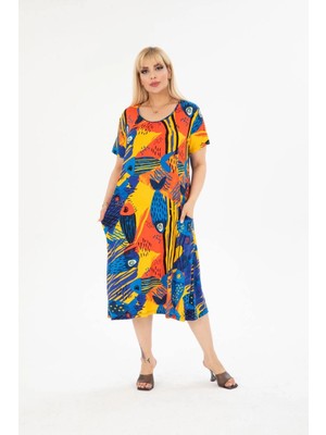 ModaSehle Kadın Büyük Beden Bisiklet Yaka Cepli Viskon Kumaş Esnek Kısa Kollu Elbise 42/52 Beden