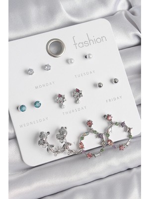 Belle Fusion Mey Ithalat® Pirinç Gümüş Renk Zirkon Taşlı Gül Figür Halka Model 7 Çift Kadın Küpe Set