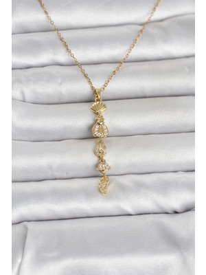 Mey İthalat Mey Ithalat® 316L Çelik Gold Renk Deniz Temalı Y Model Zirkon Taşlı Kadın Kolye