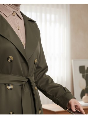 Moda Morfo Çift Düğme Kemerli Uzun Trenckot -Haki