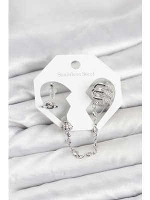 Belle Fusion Mey Ithalat® Pirinç Gümüş Renk Sarmal Model Zincir Bağlantılı Ear Cuff Küpe Seti