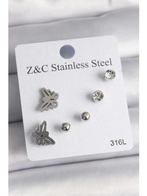 Belle Fusion Mey Ithalat® 316L Çelik Gümüş Renk Zirkon Taşlı Kelebek Model Kadın Küpe Seti