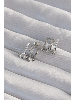 Belle Fusion Mey Ithalat® Pirinç Gümüş Renk Incili Çoklu Zirkon Taşlı Yarım Halka Küpe