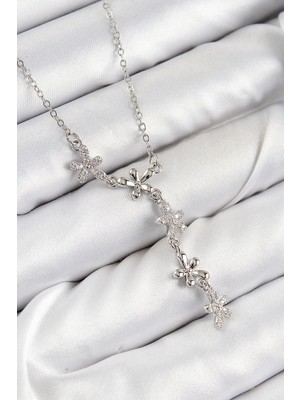 Belle Fusion Mey Ithalat® 316L Çelik Zirkon Taşlı Çiçek Model Gümüş Renk Kadın Kolye