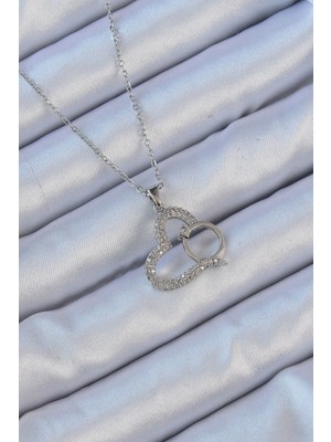 Belle Fusion Mey Ithalat® 316L Çelik Zincir Gümüş Renk Zirkon Taşlı Yüzüklü Kalp Kolye