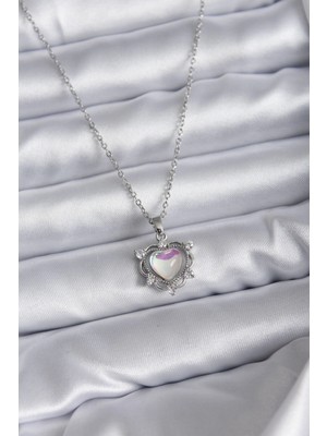 Belle Fusion Mey Ithalat® 316L Çelik Zincir Gümüş Renk Kalp Model Kadın Kolye