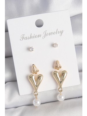 Belle Fusion Mey Ithalat® Pirinç Gold Renk Zirkon Taşlı Incili Sallantılı Kalp Model 3 Çift Kadın Küpe