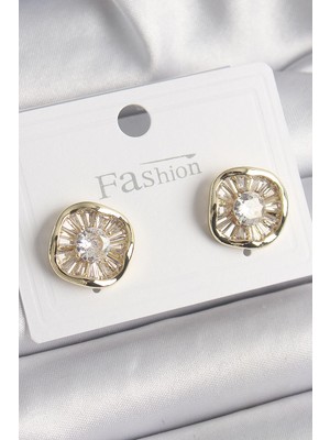 Belle Fusion Mey Ithalat® Pirinç Gold Renk Zirkon Taşlı Yonca Model Kadın Küpe