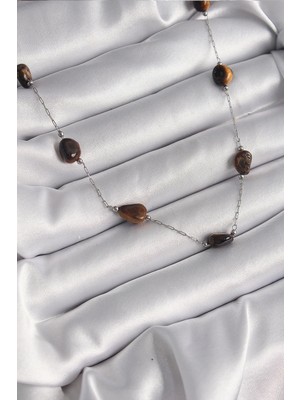 Belle Fusion Mey Ithalat® 316L Çelik Gümüş Renk Zincir Kahverengi Doğaltaş Model Kadın Kolye