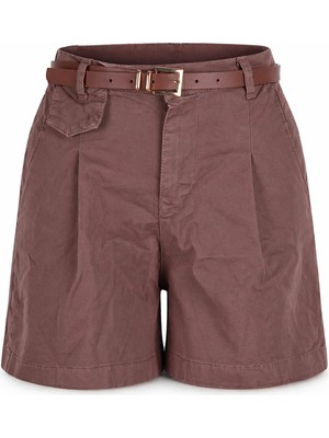 Trender 5448 Kemerli Kahverengi Kadın Şort 26YTG5000019