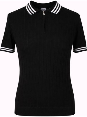 Trender Yarım Fermuarl Siyah - Beyaz Erkek Polo Yaka T-Shirt 17434
