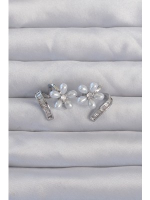 Belle Fusion Mey Ithalat® Pirinç Gümüş Renk Zirkon Taşlı Kıvrımlı Inci Çiçek Küpe