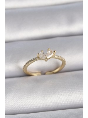 Belle Fusion Mey Ithalat® Pirinç Gold Renk Ayarlanabilir Zirkon Taşlı Kalp Model Kadın Yüzük