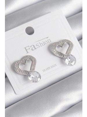 Belle Fusion Mey Ithalat® Pirinç Gümüş Renk Zirkon Taşlı Kalp Model Damla Zirkon Taş Detay Kadın Küpe