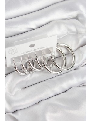 Belle Fusion Mey Ithalat® Pirinç Halka Model Gümüş Renk Kadın Set Küpe