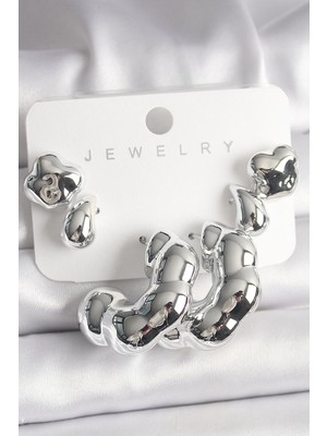 Belle Fusion Mey Ithalat® Gümüş Renk Yonca Damla Halka Model Ccb Plastik Kadın Küpe Seti