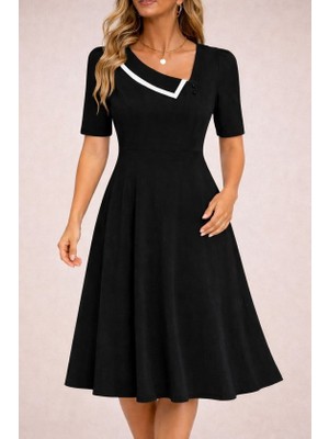 Flamex Kadın Kısa Kollu Asimetrik Yaka Detaylı Midi Janjan Krep Elbise