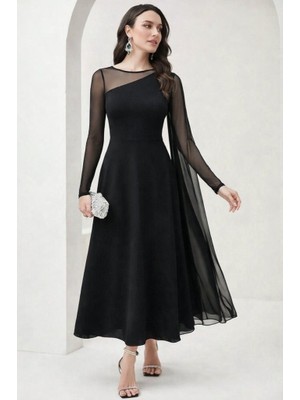 Infivento Kadın Uzun Kollu Yarı Balıkçı Yaka Tül Detaylı Uzun Sandy Elbise