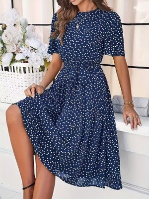 Cotton Lab Cottonlab Kadın Kısa Kollu Bisiklet Yakalı Puantiyeli Kısa Süprem Elbise