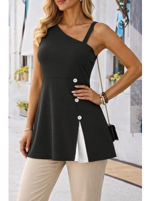 Mç Plus Kadın Tek Omuzdan Askılı Şerit Detaylı Düğmeli Viskon Bluz