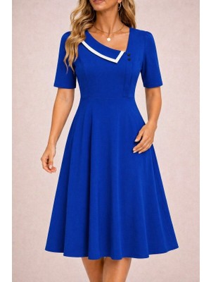 Deridün Yıldız Shoes Kadın Kısa Kollu Asimetrik Yaka Detaylı Midi Janjan Krep Elbise